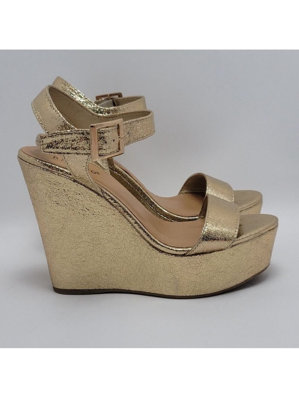 Bamboo Platform High Wedge Heels Ankle Strap Round Toe Metallic Gold Sandal Sz 8